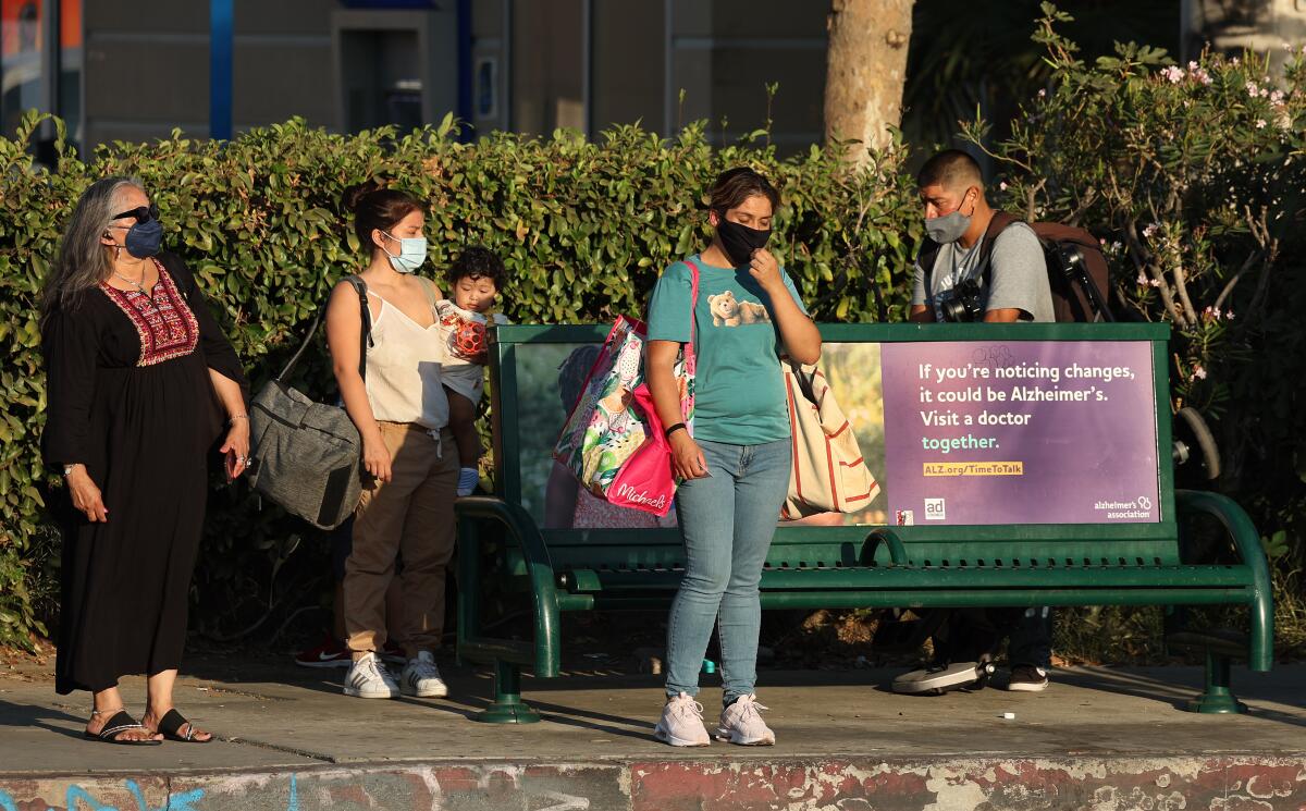 People wait for a Metro bus to arrive at an unshaded bus stop.