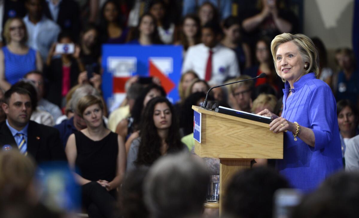 Hillary Rodham Clinton speaks during a town hall meeting in Nashua, N.H., on Aug. 10.