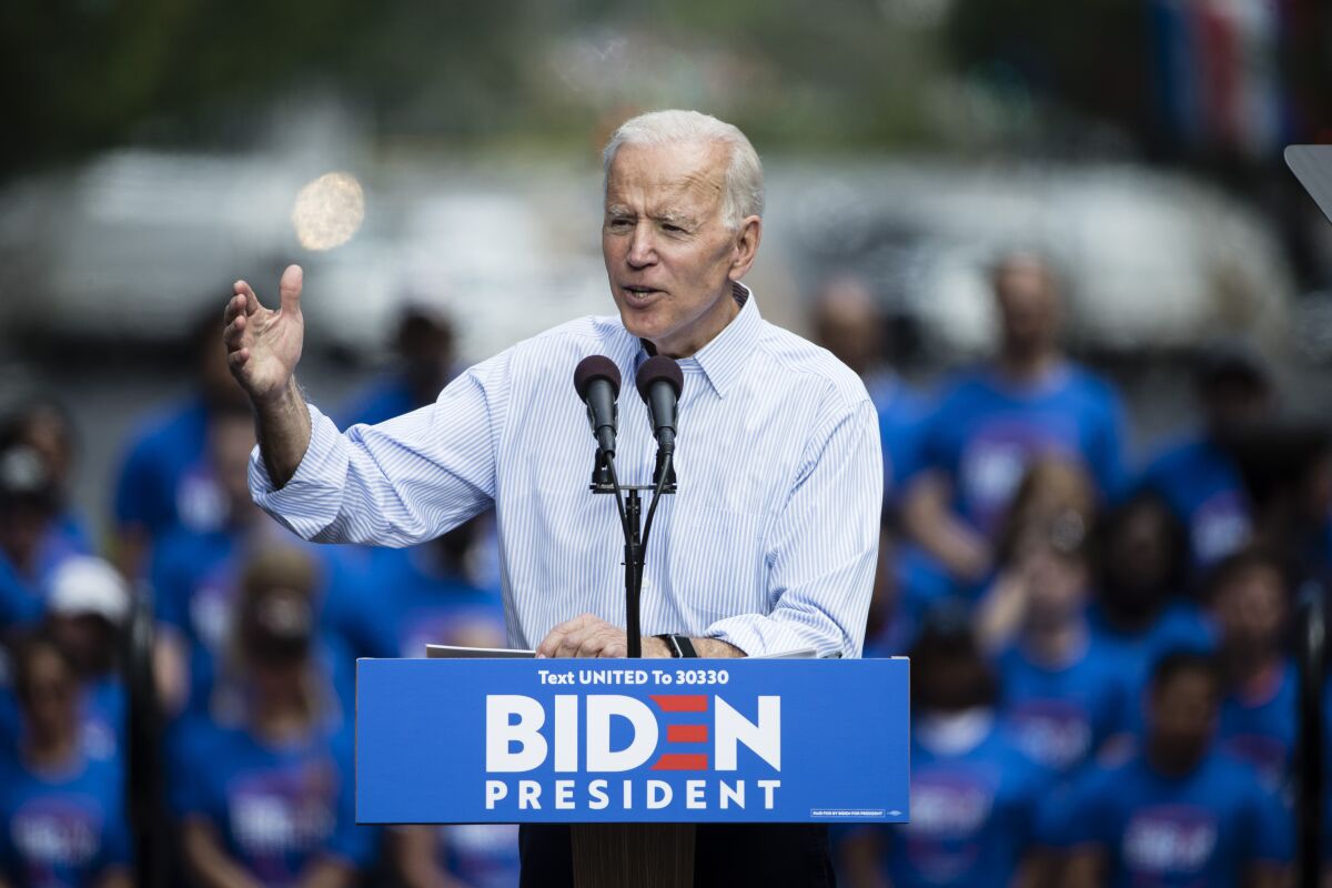 Democratic presidential candidate Joe Biden speaks during a campaign rally in Philadelphia.