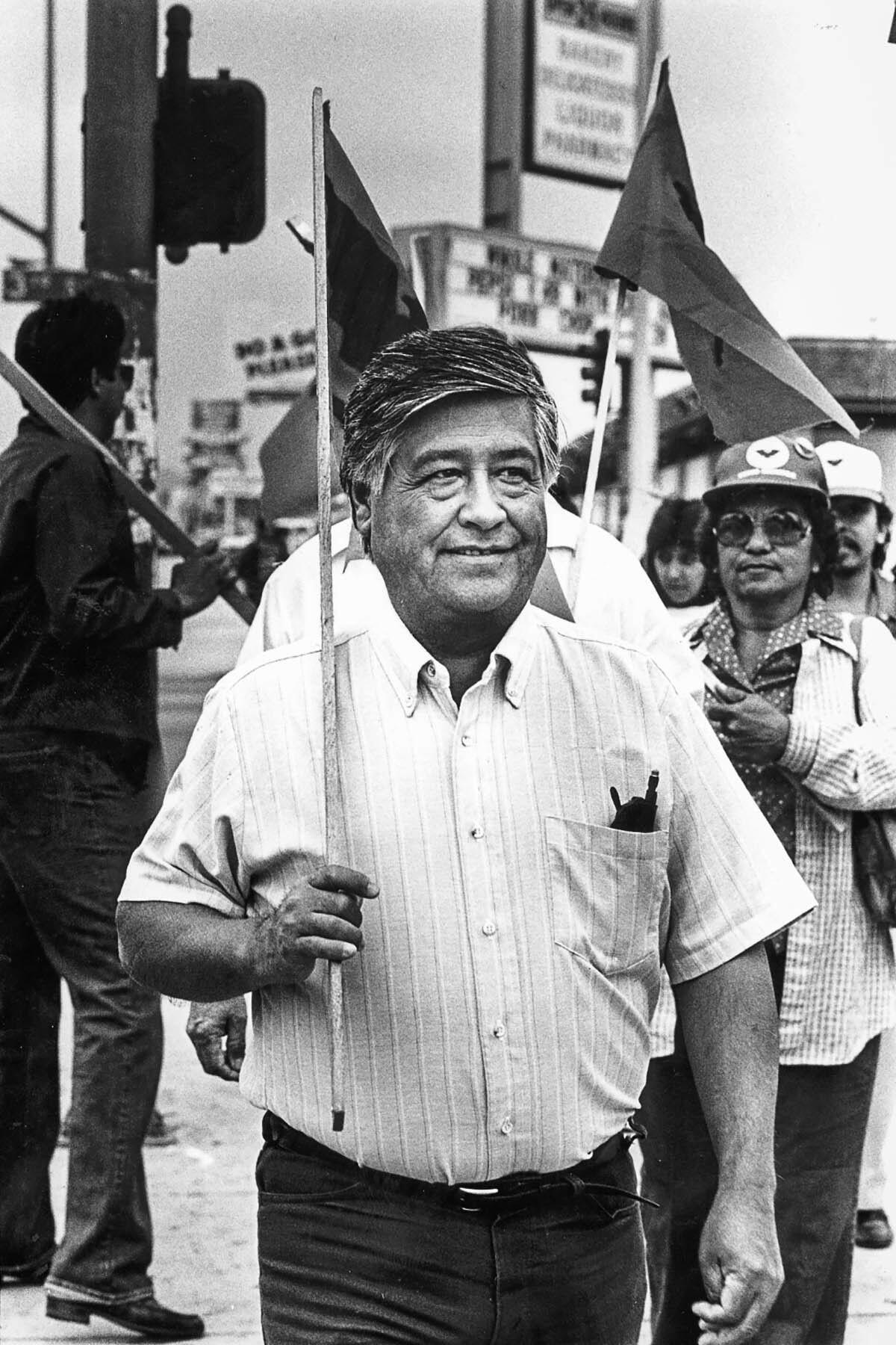 June 24, 1985: Chavez leads a march during a grape boycott rally near a supermarket at 3rd Street and Vermont Avenue in Los Angeles.