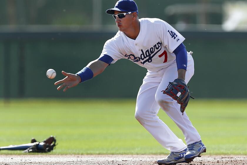 Dodgers infielder Alex Guerrero tosses a ball to second base during spring training in Glendale, Ariz., back in February.