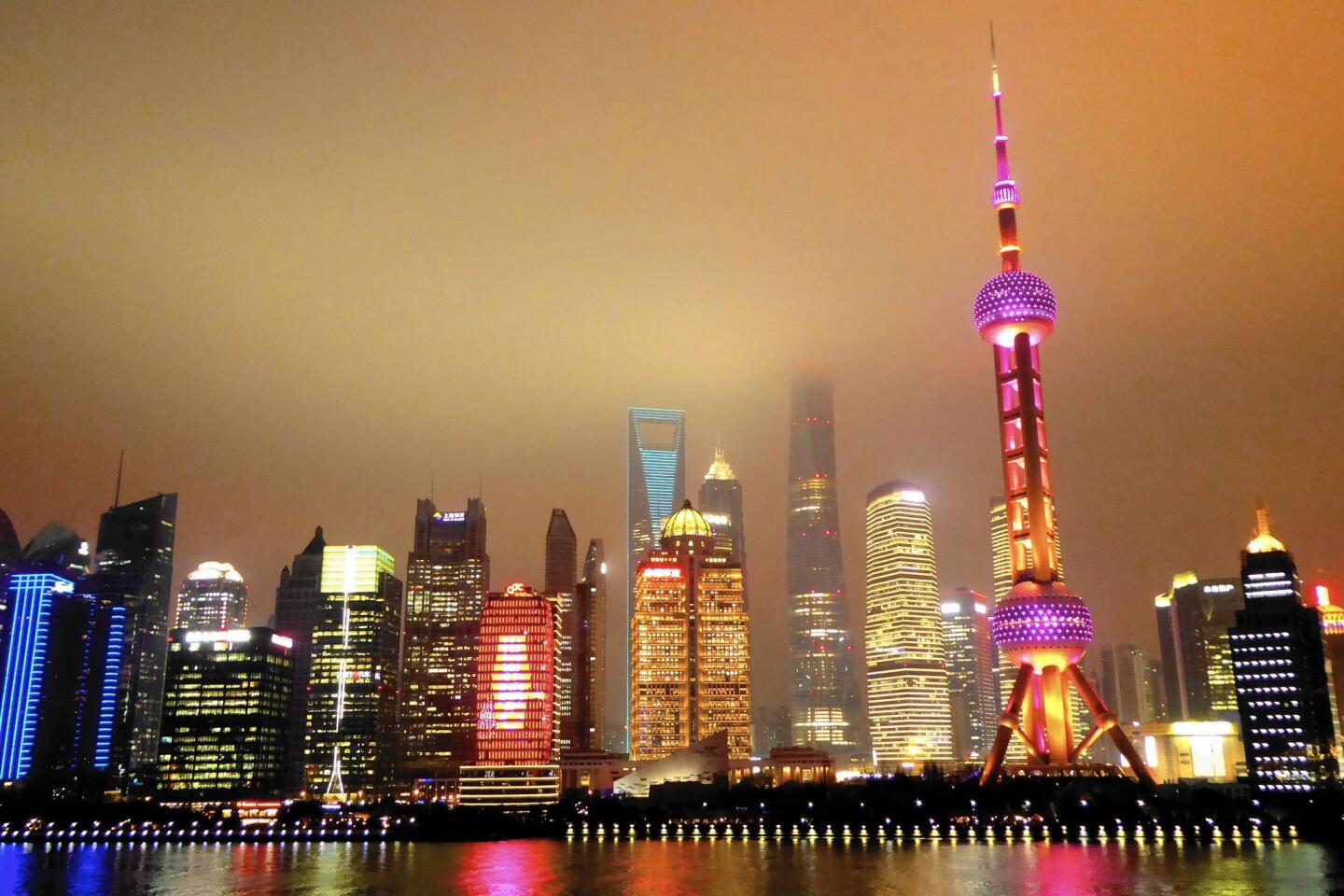 A view of the Shanghai skyline at night from the Crystal Symphony.