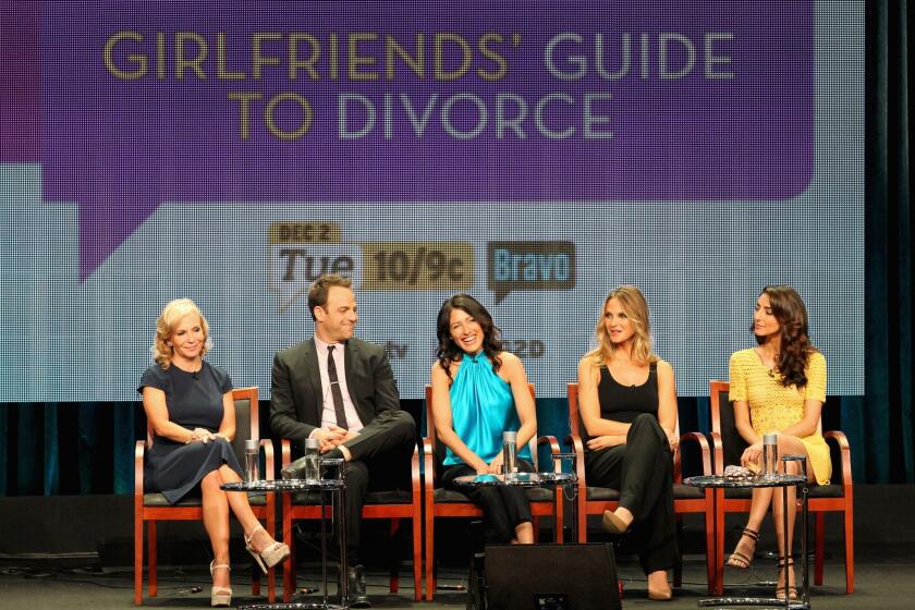 Executive producer Marti Noxon, actors Paul Adelstein, Lisa Edelstein, Beau Garrett and Necar Zadegan speak onstage at the 'Girlfriends' Guide to Divorce' panel during the NBCUniversal Bravo portion of the 2014 Summer Television Critics Association at The Beverly Hilton Hotel on July 14, 2014 in Beverly Hills, California. (Photo by Frederick M. Brown/Getty Images) ** OUTS - ELSENT, FPG - OUTS * NM, PH, VA if sourced by CT, LA or MoD **
