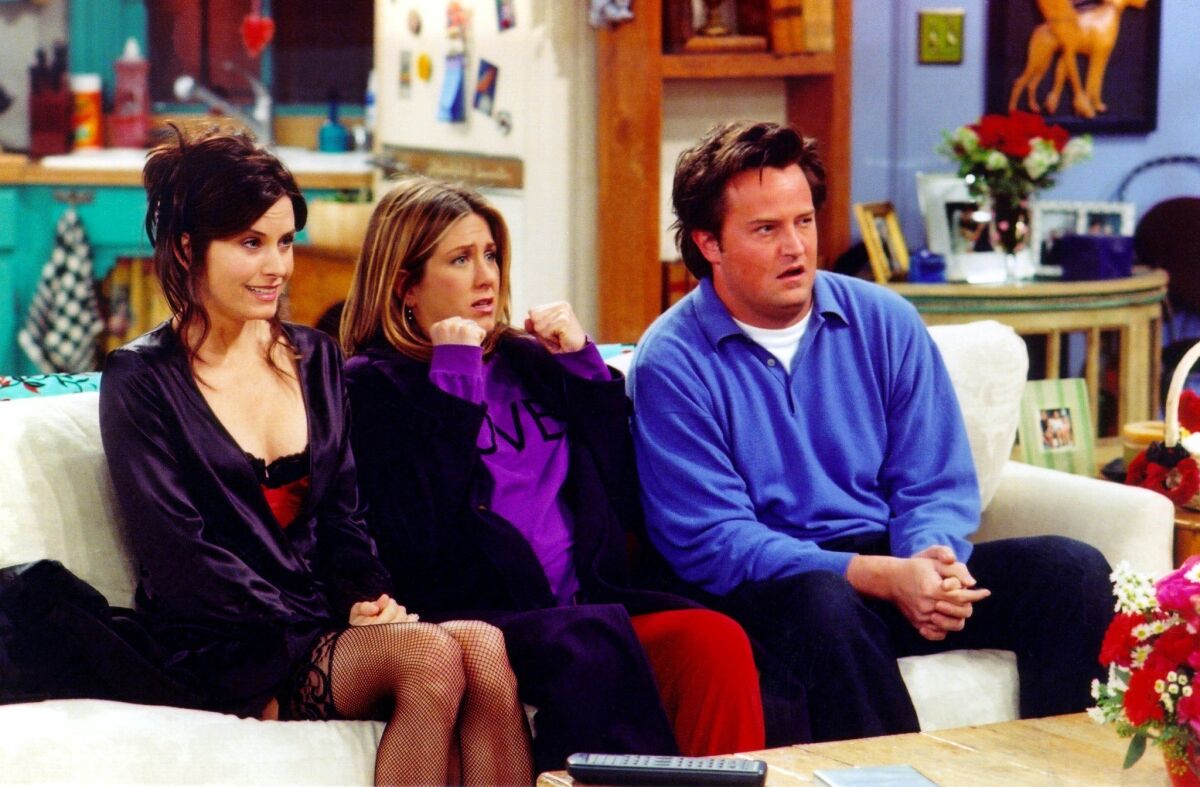  From left: Courteney Cox, Jennifer Aniston and Matthew Perry in a scene from "Friends."