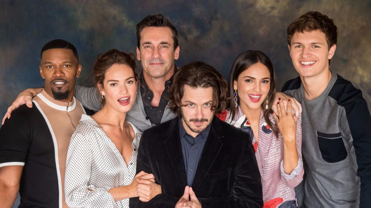 Director Edgar Wright, center, can't watch "Ant-Man." He's pictured with the "Baby Driver" cast: Jamie Foxx, Lily James, Jon Hamm, Eiza Gonzalez and Ansel Elgort.