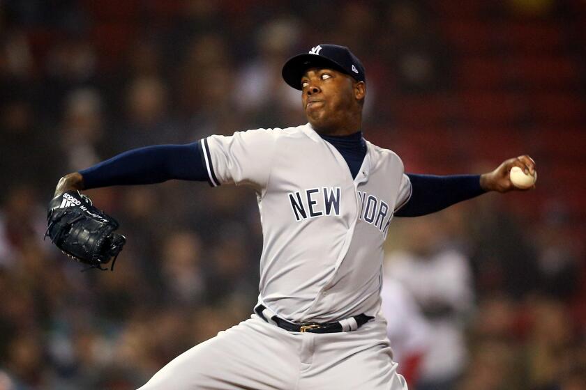 Aroldis Chapman delivers in the ninth inning for the Yankees against the Red Sox on April 26, 2017.