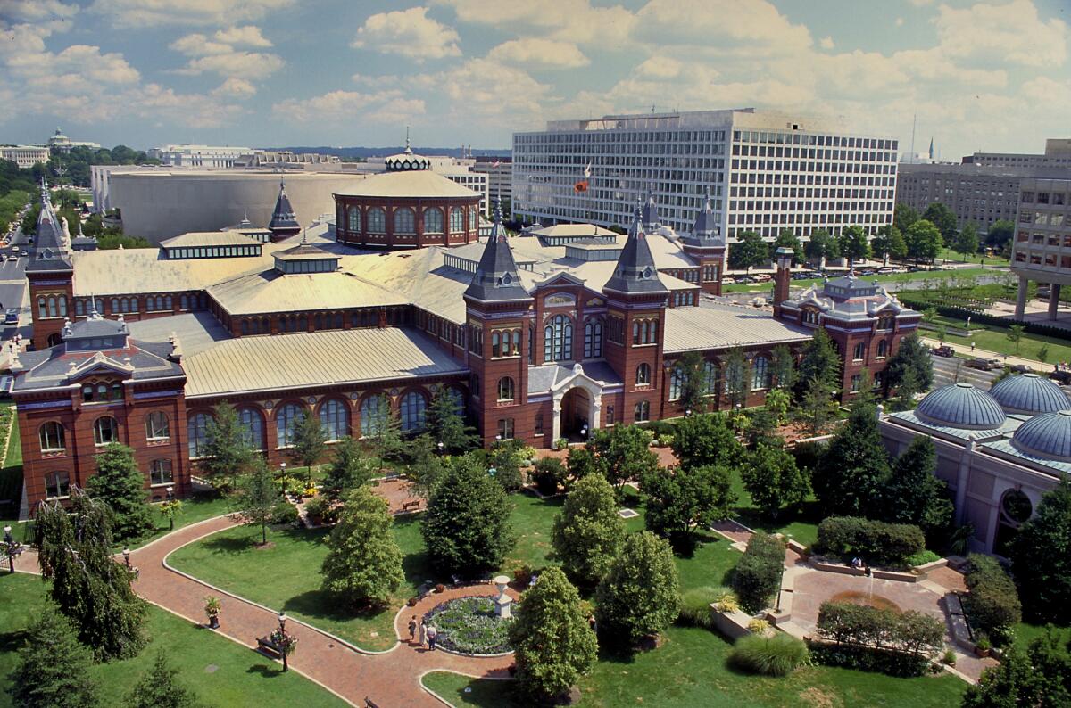 An overhead view of the Smithsonian's Arts and Industries building, built in the Victorian style
