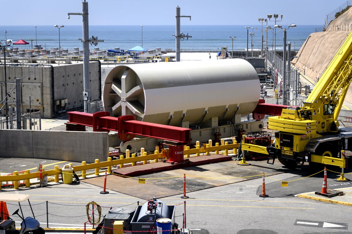 A 770-ton steel cylinder that holds a reactor pressure vessel at the now-shuttered San Onofre Nuclear Generating Station.