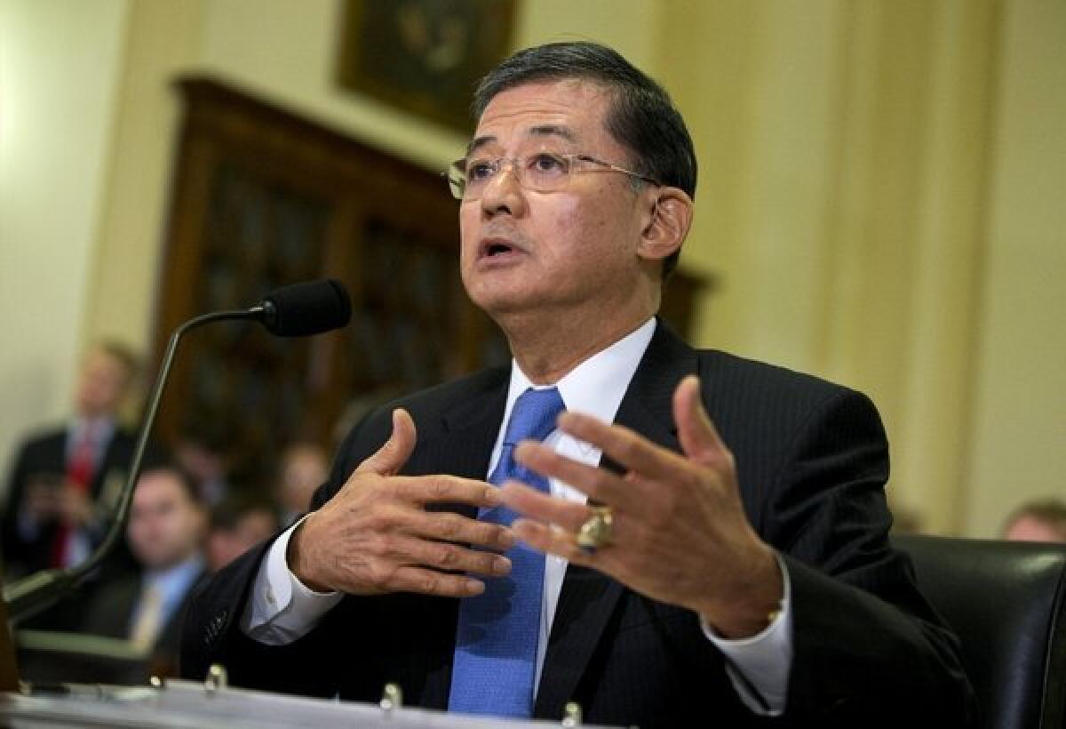 Veterans Affairs Secretary Eric J. Shinseki, seen above last month testifying on Capitol Hill, said his department has reduced its backlog of overdue disability claims by about 200,000.