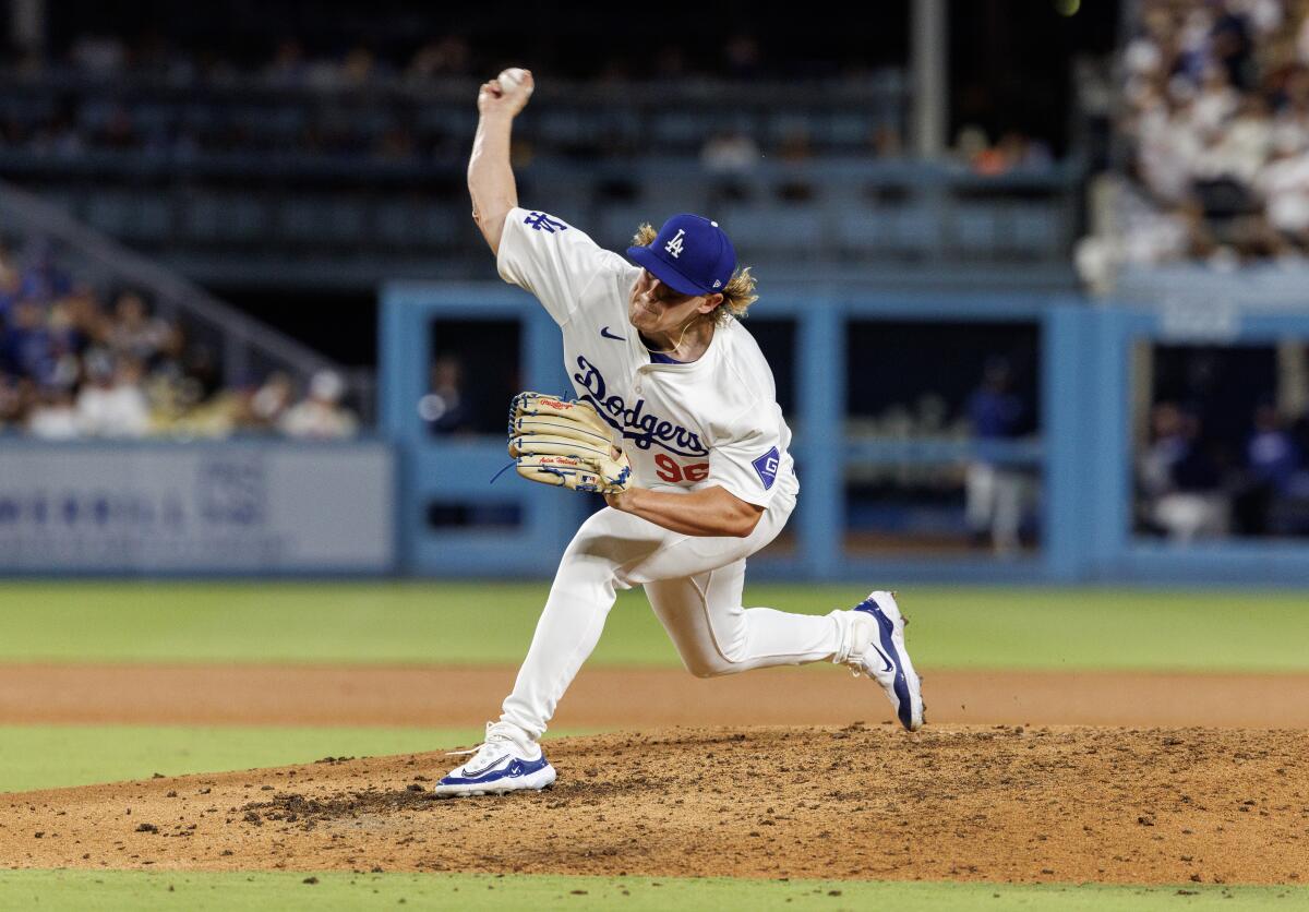 Dodgers pitcher Landon Knack delivers during the fifth inning of a 5-2 win over San Francisco Giants at Dodger Stadium.