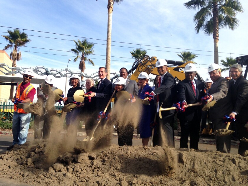 Officials, including Los Angeles Mayor Eric Garcetti and county supervisors, celebrated the groundbreaking of the Crenshaw Line.