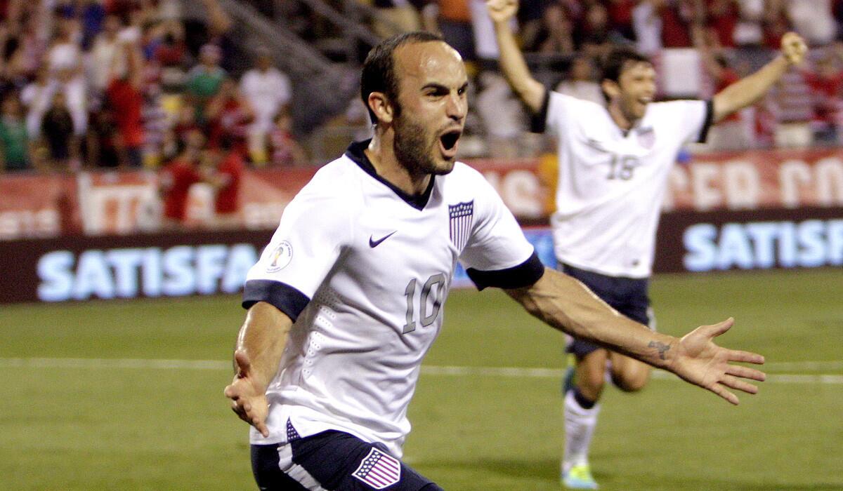 U.S. midfielder Landon Donovan celebrates after scoring a goal against Mexico during a World Cup qualifying soccer match last fall.