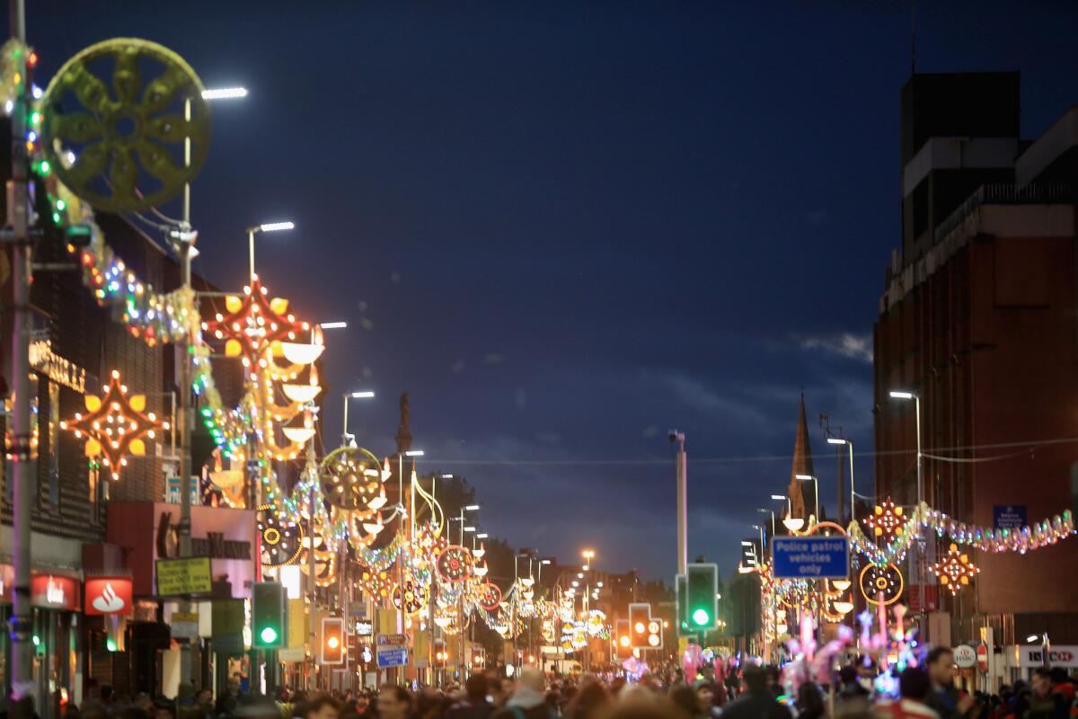 Leicester's Golden mile is illuminated to celebrate the Hindu festival of Diwali, in this file photo taken Oct. 23, 2014 in Leicester, England.