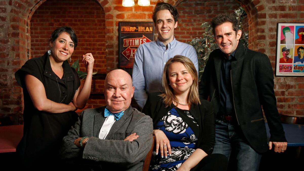 Minds behind Broadway's new musicals, from left: Rachel Chavkin ("Natasha, Pierre & the Great Comet of 1812"), Jack O'Brien ("Charlie and the Chocolate Factory"), Steven Levenson ("Dear Evan Hansen"), Irene Sankoff ("Come From Away") and Andy Blankenbuehler ("Bandstand").