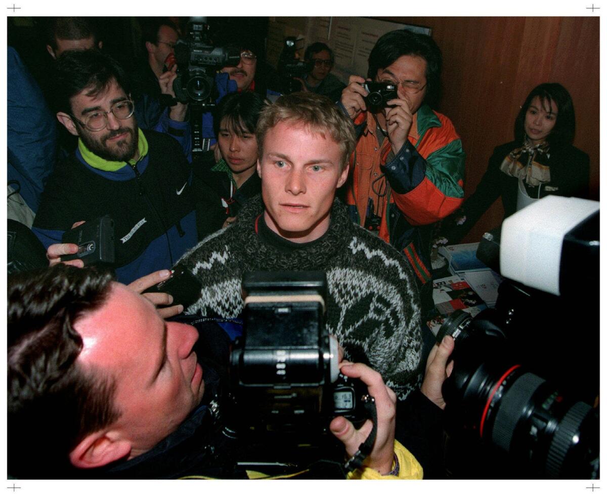 Canadian snowboarding champion Ross Rebagliati talks to the media in 1998.