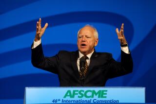 LOS ANGELES, CA - AUGUST 13, 2024 - Governor Tim Walz, vice presidential nominee, delivers remarks at the AFSCME's 46th International Convention in Los Angeles on August 13, 2024. Walz was joined by AFSCME President Lee Saunders and public service workers from all over the U.S. (Genaro Molina/Los Angeles Times)