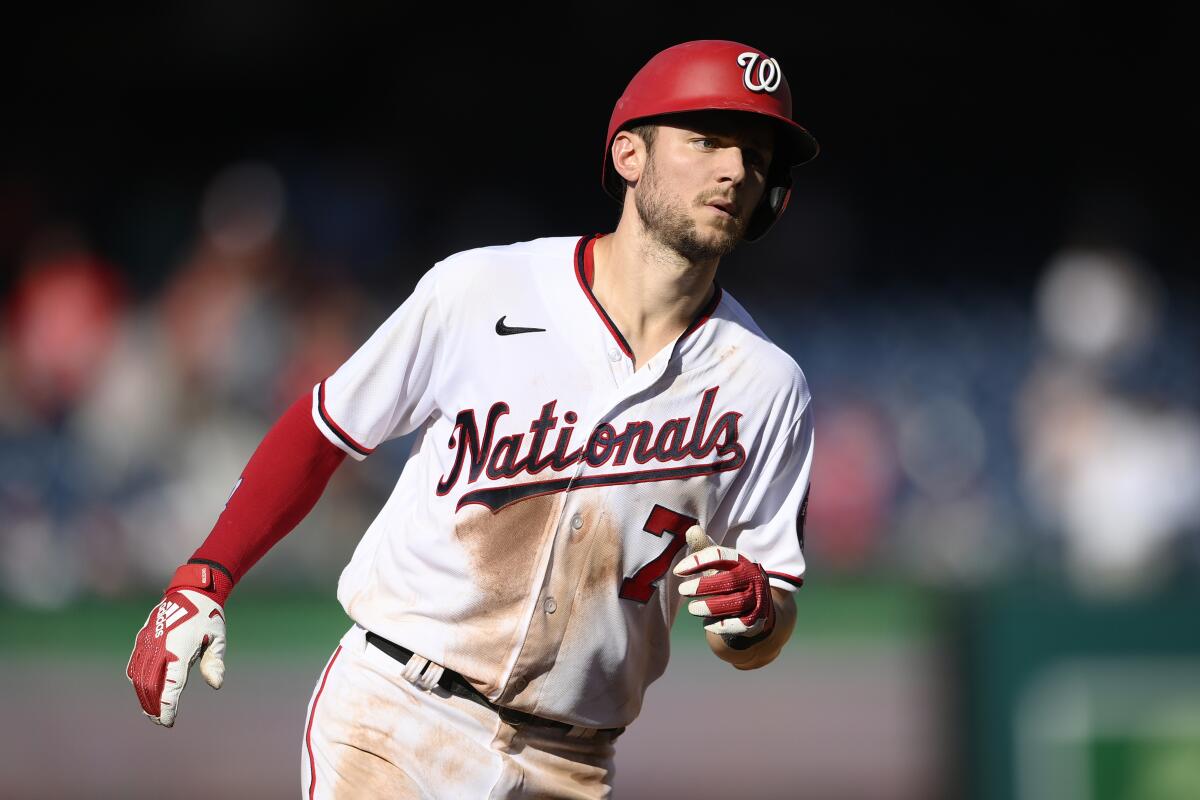 Trea Turner rounds the bases after hitting a home run for the Washington Nationals.