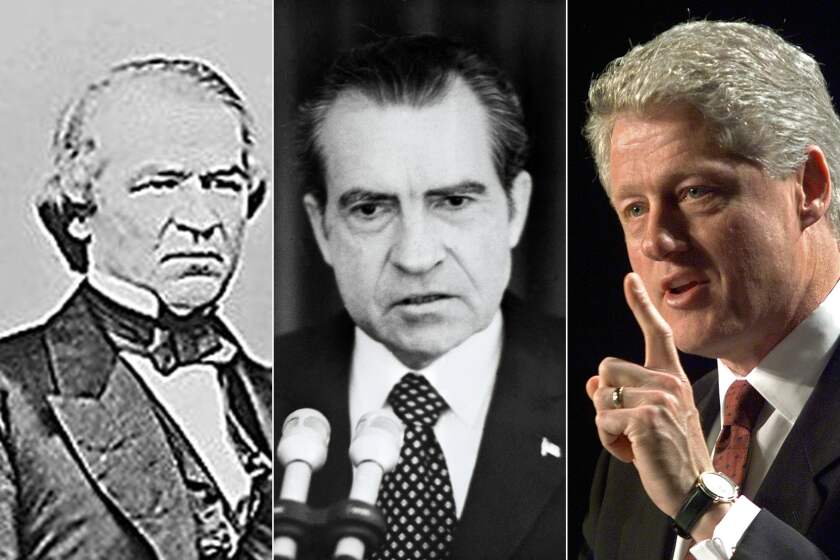 (COMBO) This combination of pictures created on September 25, 2019 shows(L-R) a circa 1860-1865 photo of former US President Andrew Johnson as photographed by Civil War photographer Mathew Brady,former US President Richard Nixon in 1973, and former US President Bill Clinton attending the 1998 Malcolm Baldrige National Quality Awards for manufacturing and small business in Washington, DC. - Before Donald Trump, three other US presidents faced impeachment proceedings. None were ousted by impeachment, although Richard Nixon resigned rather than be impeached. (Photos by various sources / AFP)PAUL J. RICHARDS,HO,MATTHEW BRADY/AFP/Getty Images ** OUTS - ELSENT, FPG, CM - OUTS * NM, PH, VA if sourced by CT, LA or MoD **