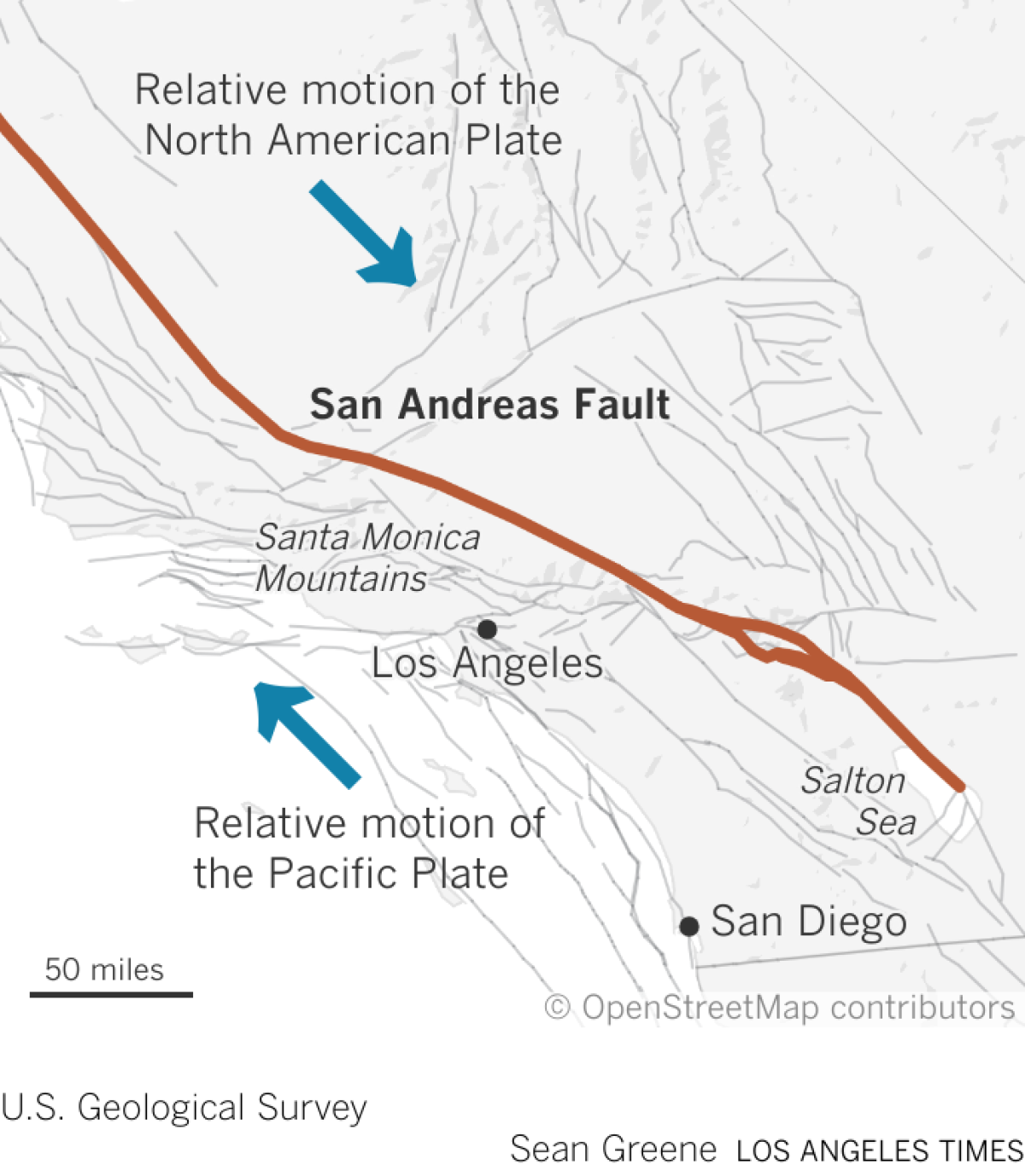 Map shows the path of the San Andreas Fault running through Southern California to the Salton Sea