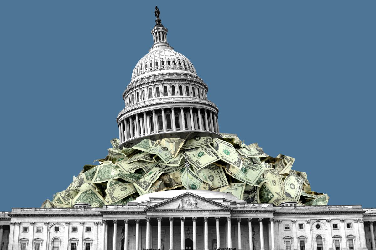 Photo illustration of the U.S. Capitol building with money spilling out from under the dome.