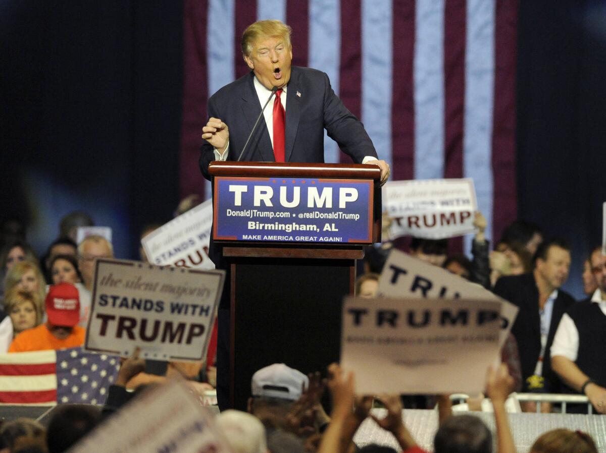 Republican presidential candidate Donald Trump speaks during a campaign stop in Birmingham, Ala. on Saturday, Nov. 21.