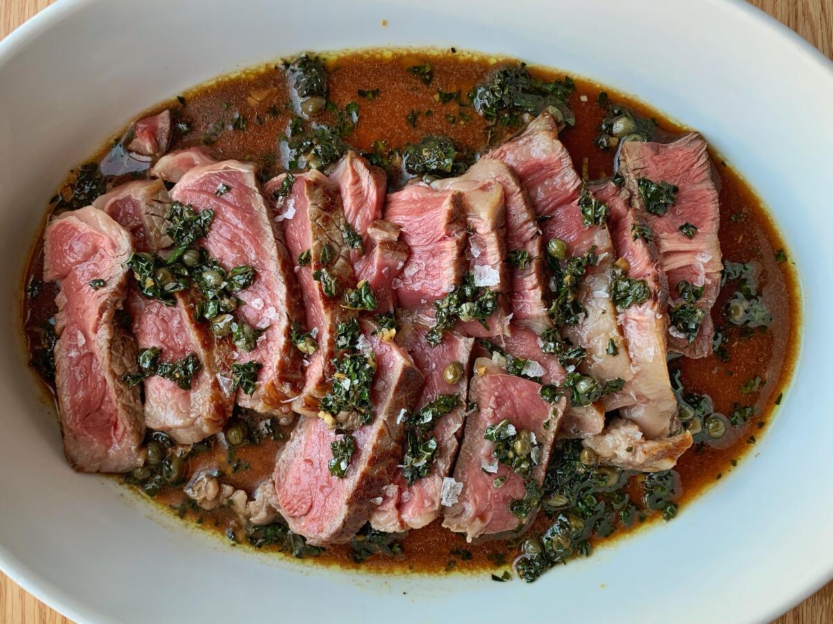 Half-salted steak with kale-and-caper sauce