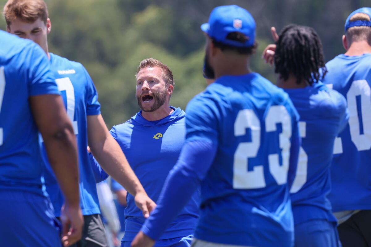 Rams coach Sean McVay speaks to players during minicamp in June.