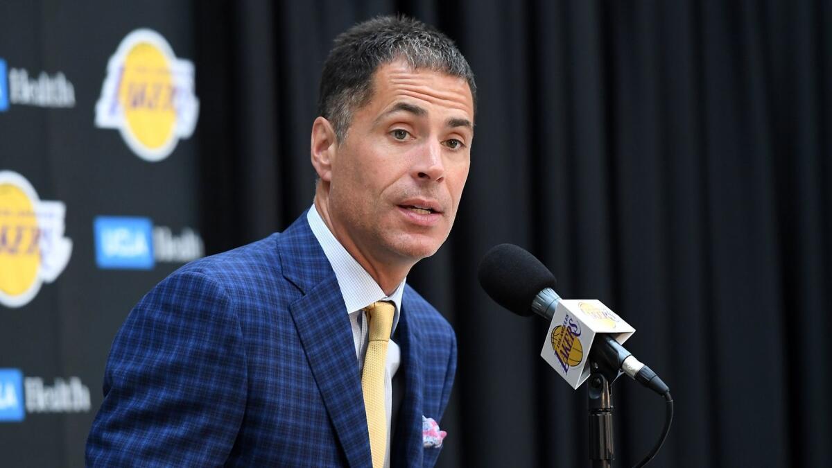 Lakers general manager Rob Pelinka answers questions during a news conference in 2018. Pelinka faces a tough task in building up the Lakers roster around LeBron James and Anthony Davis.