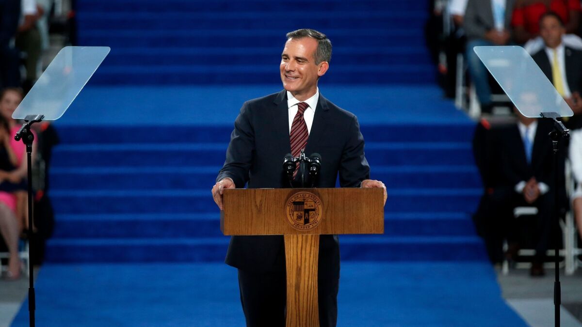 Mayor Eric Garcetti gives his acceptance speech after being sworn in for a second term.