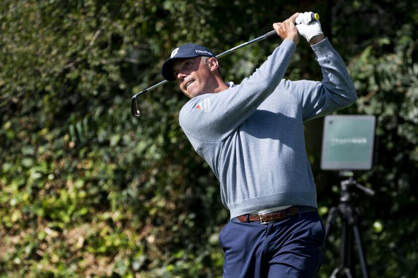 PACIFIC PALISADES, CA - FEBRUARY 13, 2020: Leader Matt Kuchar hits his tee shot on the 6th hole during Round 1 of the Genesis Open at Riviera Country Club on February 13, 2020 in Pacific Palisades, California. (Gina Ferazzi/Los AngelesTimes)