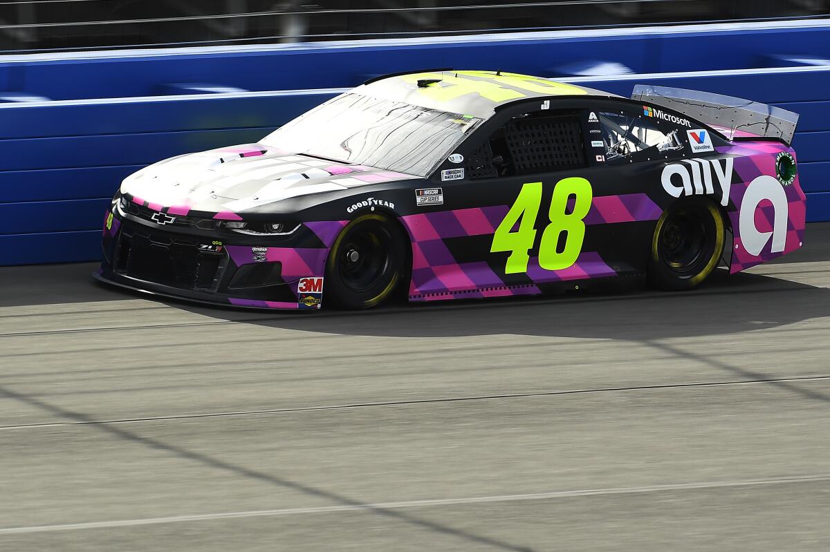 Jimmie Johnson takes part in a practice session at Auto Club Speedway in Fontana on Friday.