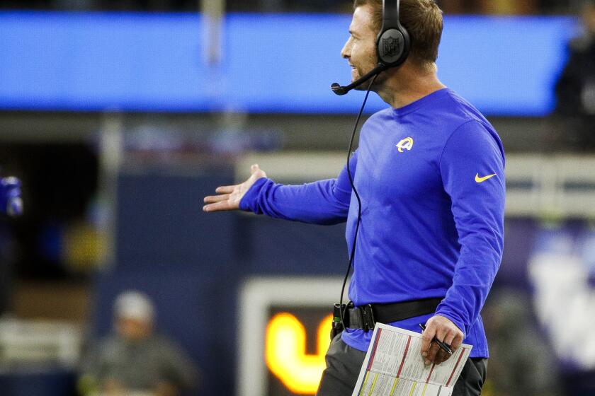 Los Angeles, CA - December 08: Los Angeles Rams head coach Sean McVay reacts after an interference call on the Rams during the first half against the Las Vegas Raiders at SoFi Stadium on Thursday, Dec. 8, 2022 in Los Angeles, CA.(Gina Ferazzi / Los Angeles Times)