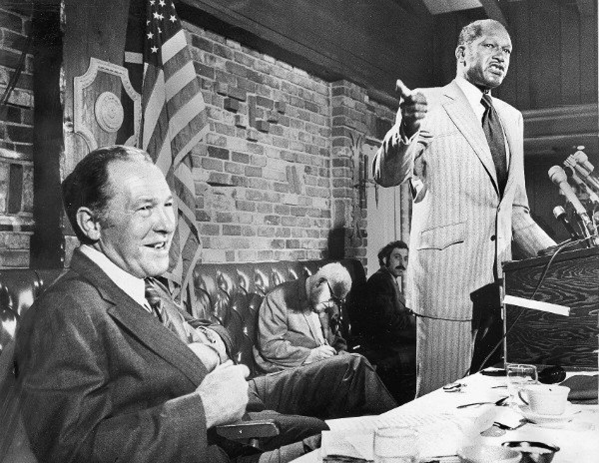 Thomas Bradley, right, and Mayor Sam Yorty during a debate in May 1973
