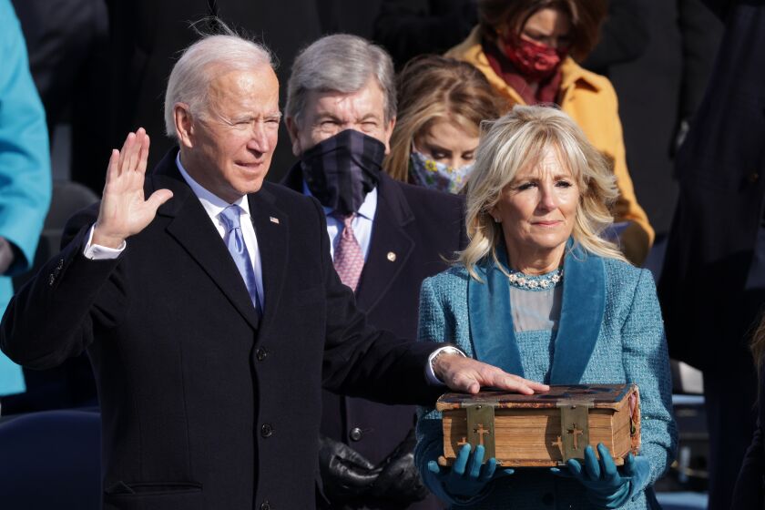 WASHINGTON, DC - JANUARY 20: Joe Biden is sworn in as U.S. President during his inauguration on the West Front of the U.S. Capitol on January 20, 2021 in Washington, DC. During today's inauguration ceremony Joe Biden becomes the 46th president of the United States. (Photo by Alex Wong/Getty Images)