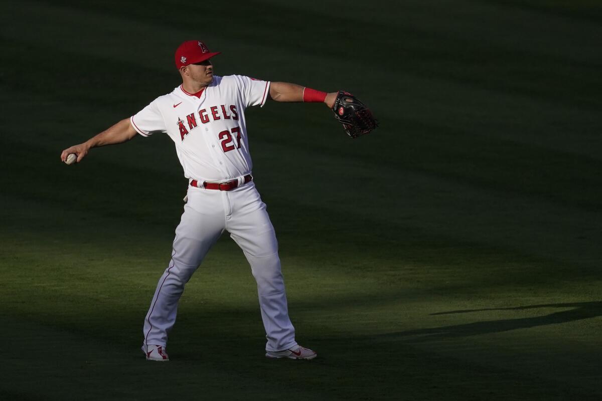 Mike Trout is out of his walking boot as he continues rehabbing a calf injury.