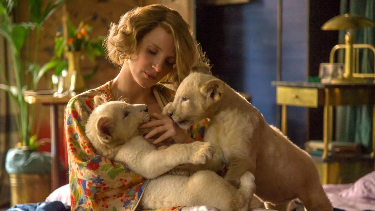 This image released by Focus Features shows Jessica Chastain in a scene from "The Zookeeper's Wife."