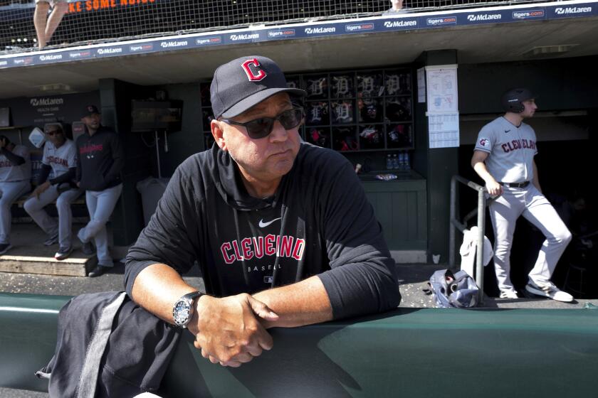 Cleveland Guardians manager Terry Francona looks on the field before a baseball game against the Detroit Tigers, Saturday, Sept. 30, 2023, in Detroit. (AP Photo/Paul Sancya)