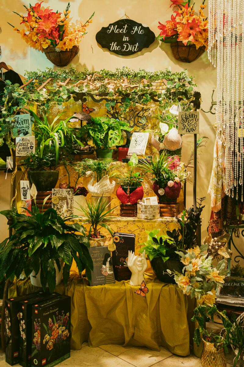 A draped table holds potted plants under shelves of more potted plants at a store