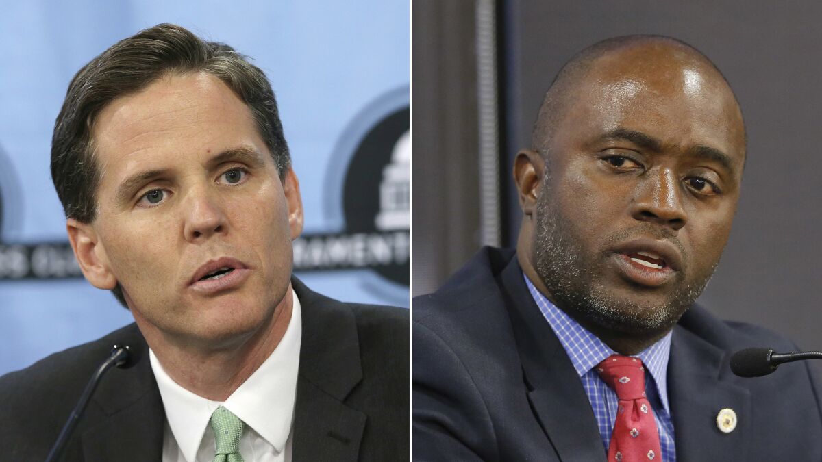 Left, Marshall Tuck, a former charter schools executive, appears at a Sacramento Press Club debate on Oct. 6. Right, Assemblyman Tony Thurmond (D-Richmond) appears at a candidates debate hosted by the Sacramento Press Club on Sept. 11.