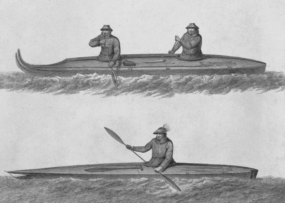 Eskimo boats, engraving from a drawing by John Webber (1750-93) from an account of the last voyage of James Cook (1728-79), undertaken between 1776 and 1779. Aleutian Islands, 18th century.