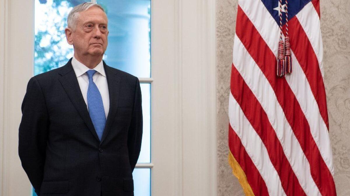 Secretary of Defense James N. Mattis, shown in the White House Oval Office earlier this year, on Thursday announced his plans to resign in February.