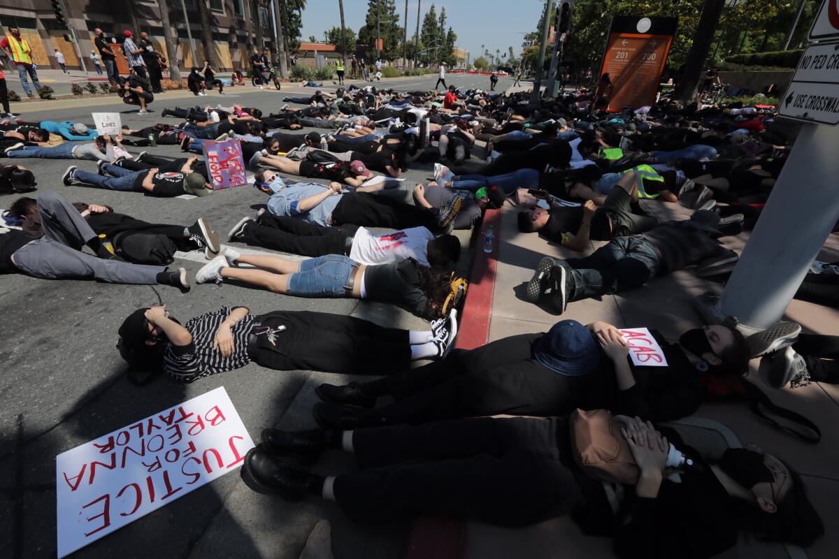 A group of demonstrators stage a sit-in in front of the Anaheim Civic Center
