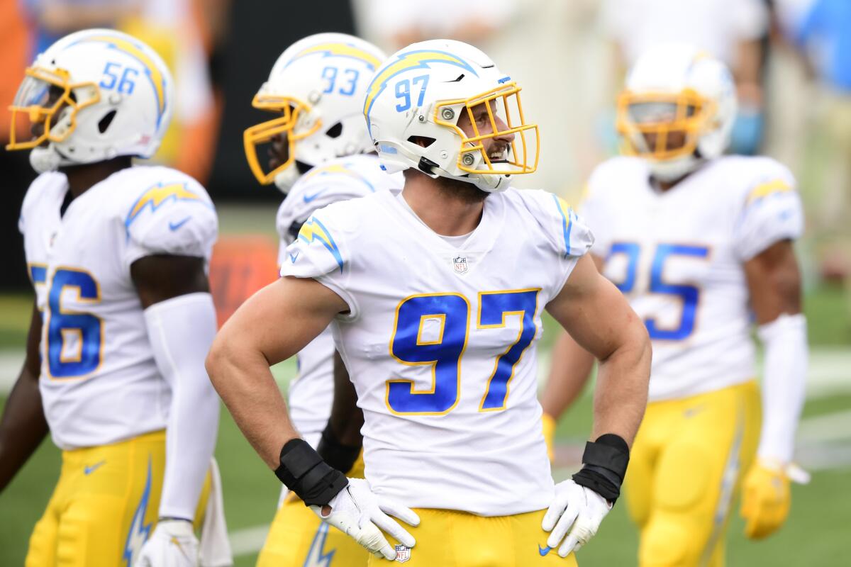 Chargers defensive end Joey Bosa looks on during a game.