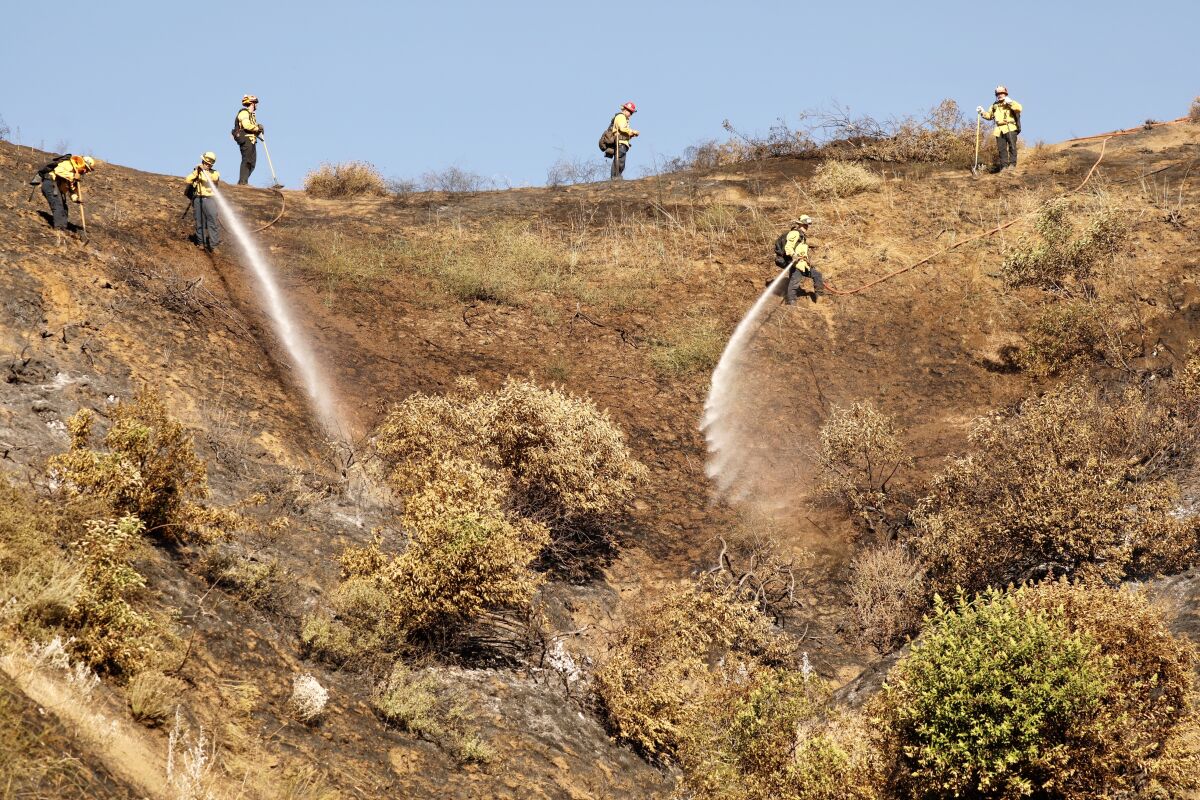Firefighters get a handle on a small vegetation fire that broke out Tuesday near the Hollywood Bowl. 