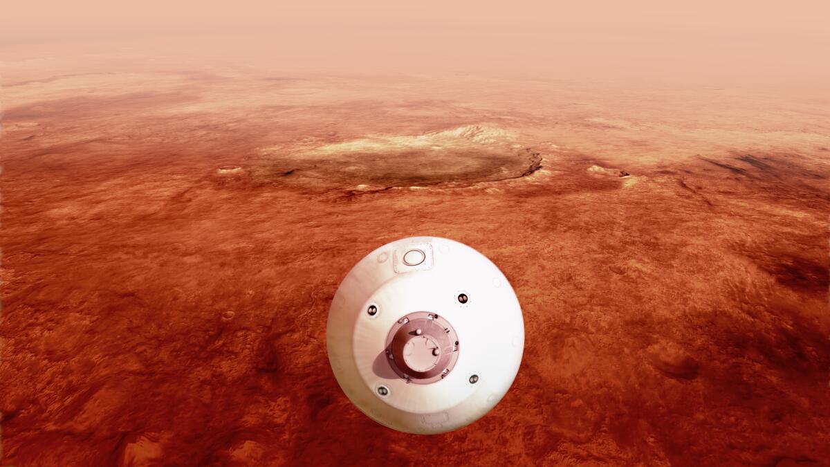 An illustration of spacecraft descending to Mars.