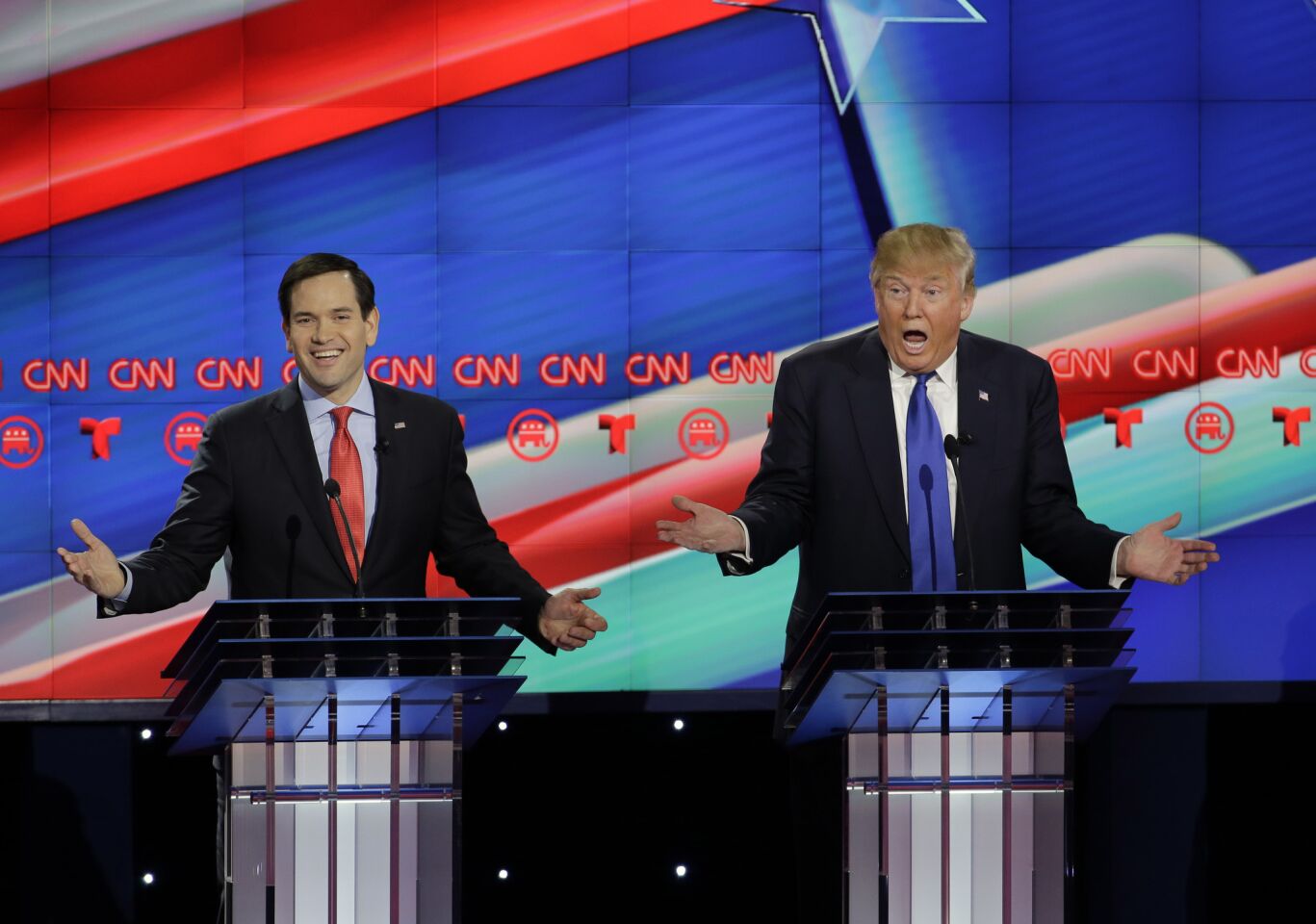 Marco Rubio, left, and Donald Trump in the Republican presidential candidate debate in Houston.