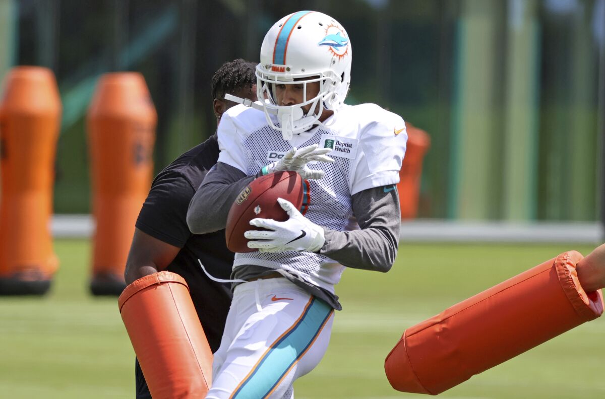 Miami Dolphins wide receiver Will Fuller (3) works a drill during NFL football practice, Wednesday, Sept. 15, 2021, in Miami Gardens, Fla. The Dolphins host the Buffalo Bills on Sunday. (David Santiago/Miami Herald via AP)