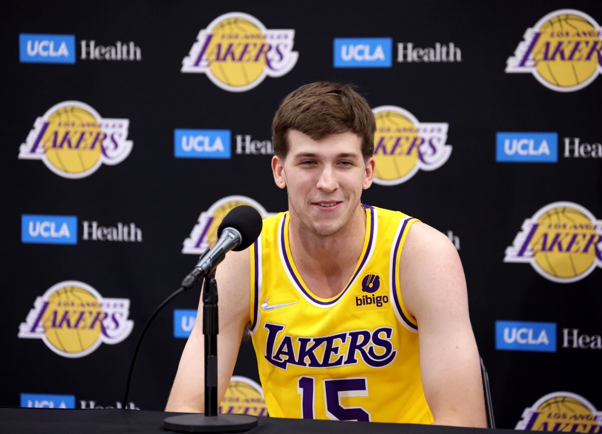 Rookie Austin Reaves, a.k.a. Hillbilly Kobe, speaks to reporters during Lakers media day Tuesday in El Segundo.