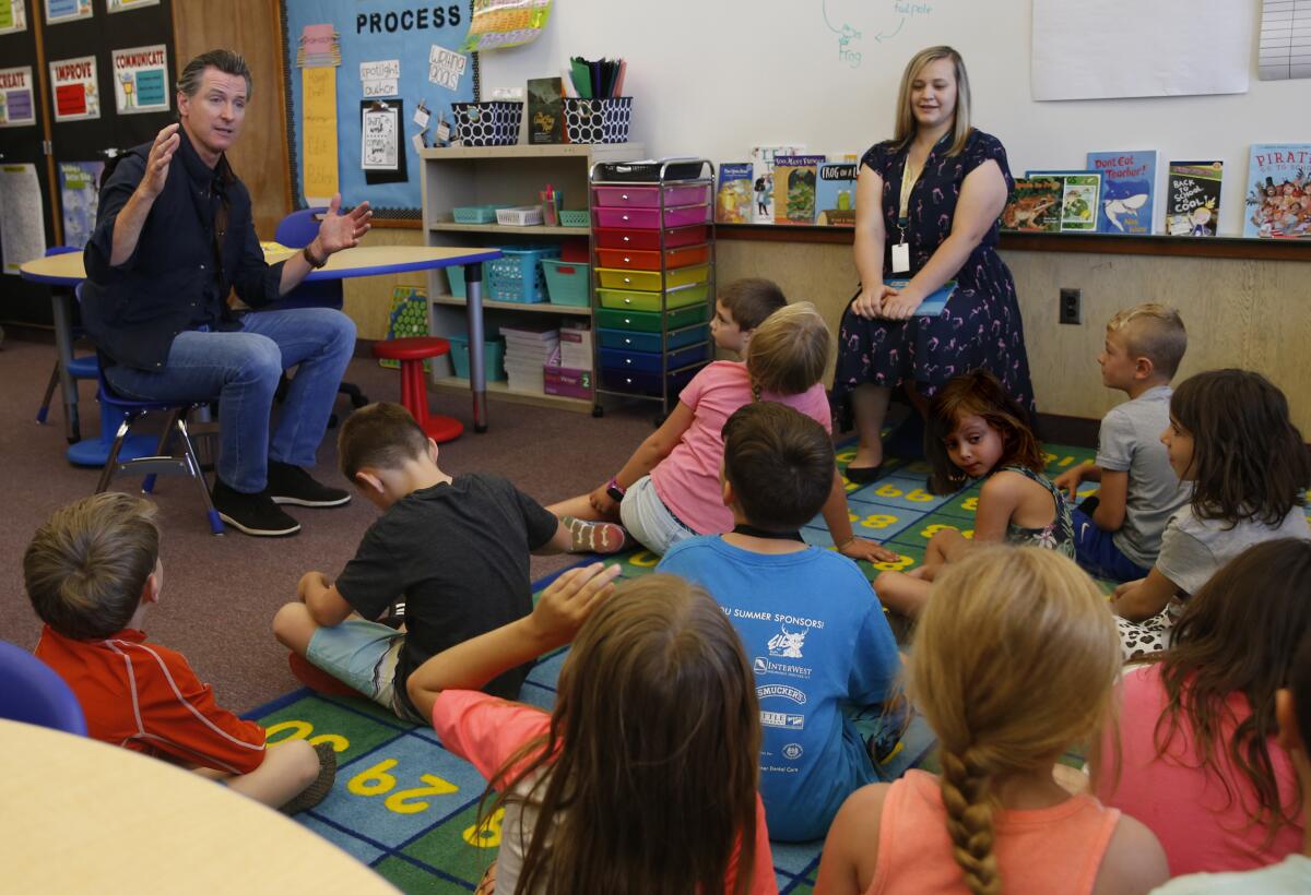 Gov. Gavin Newsom visits a classroom in Paradise, Calif.