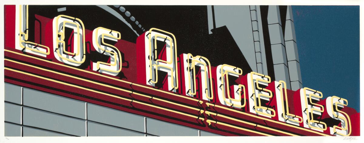 Dave Lefner's "The Los Angeles II," 2009. Reduction linocut in eight colors, 13 inches by 36 inches. (Dave Lefner / Collection of Ric and Jen Serena)